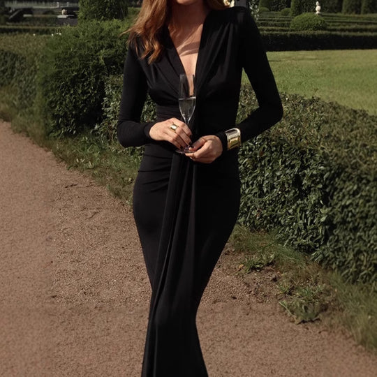 Damen Elegantes Langarm-Maxi-Kleid mit raffiniertem Knoten-Detail und figurformendem Design EB
