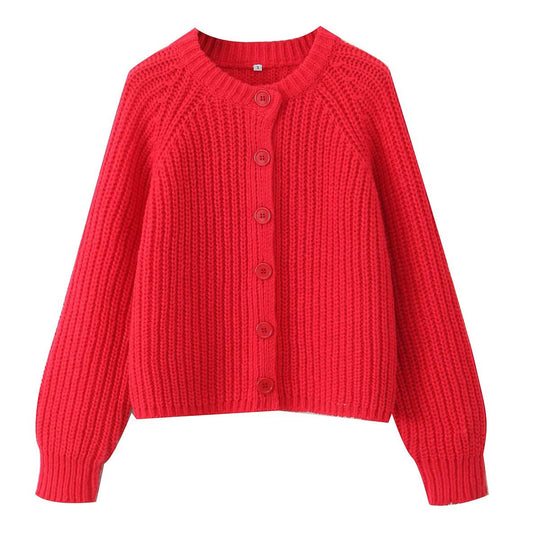 Damen nan grob gestrickte Raglan-Cardigan mit Ballonärmeln und durchgehender Knopfleiste EB