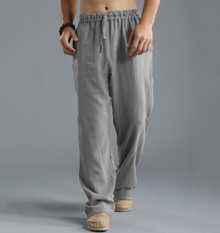 Herren nan lässige Leinenhose mit elastischem Bund, Kordelzug und geradem Bein EB