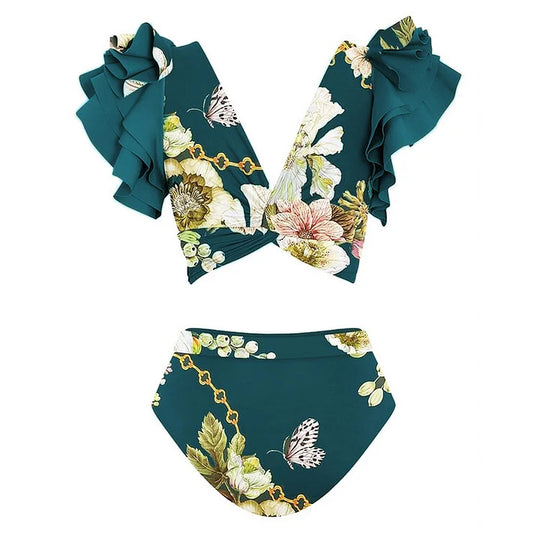 Damen Bikiniset mit voluminösen Ärmeln und elegantem Wickelrock EB