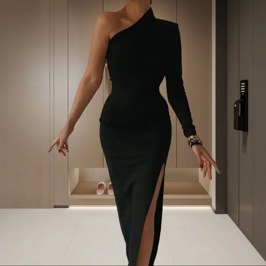 Damen Elegantes asymmetrisches Kleid mit tiefem Schlitz und langem Arm EB