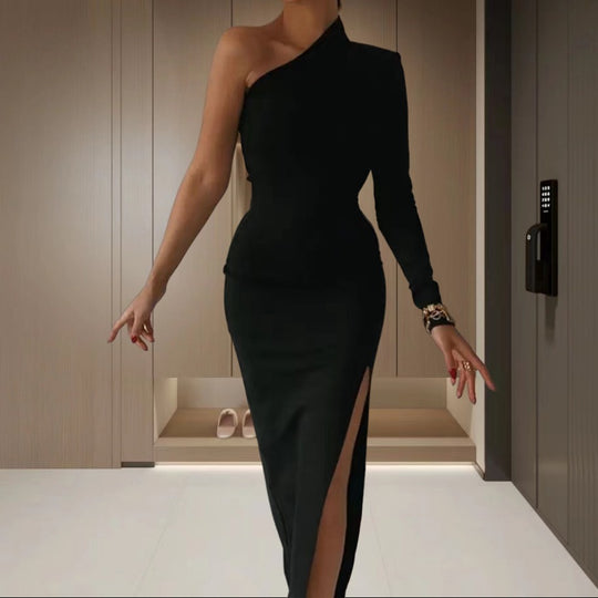 Damen Elegantes asymmetrisches Kleid mit tiefem Schlitz und langem Arm EB