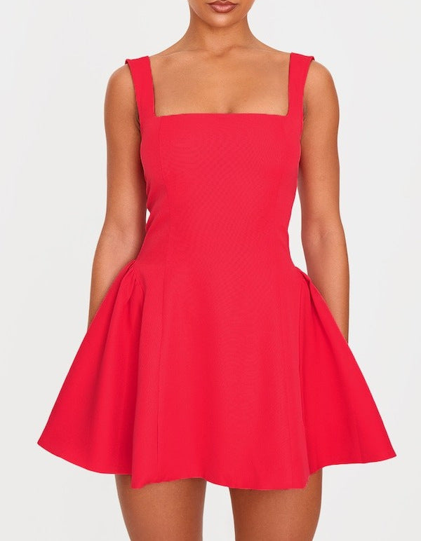 Damen A-Linien Kleid mit quadratischem Ausschnitt und angeschnittenen Taschen EB
