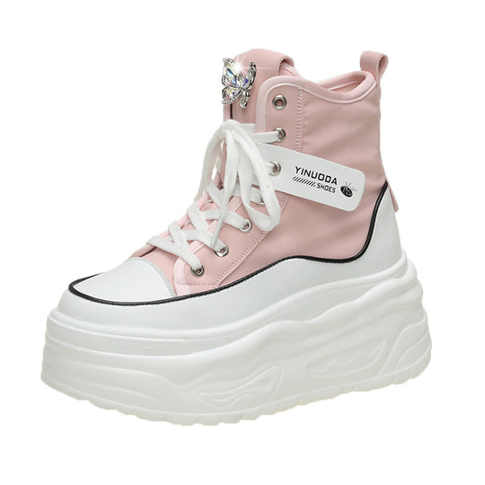 Damen nan Plateau-Sneaker mit hohem Schaft, Schnürung und Schmetterling-Brosche EB