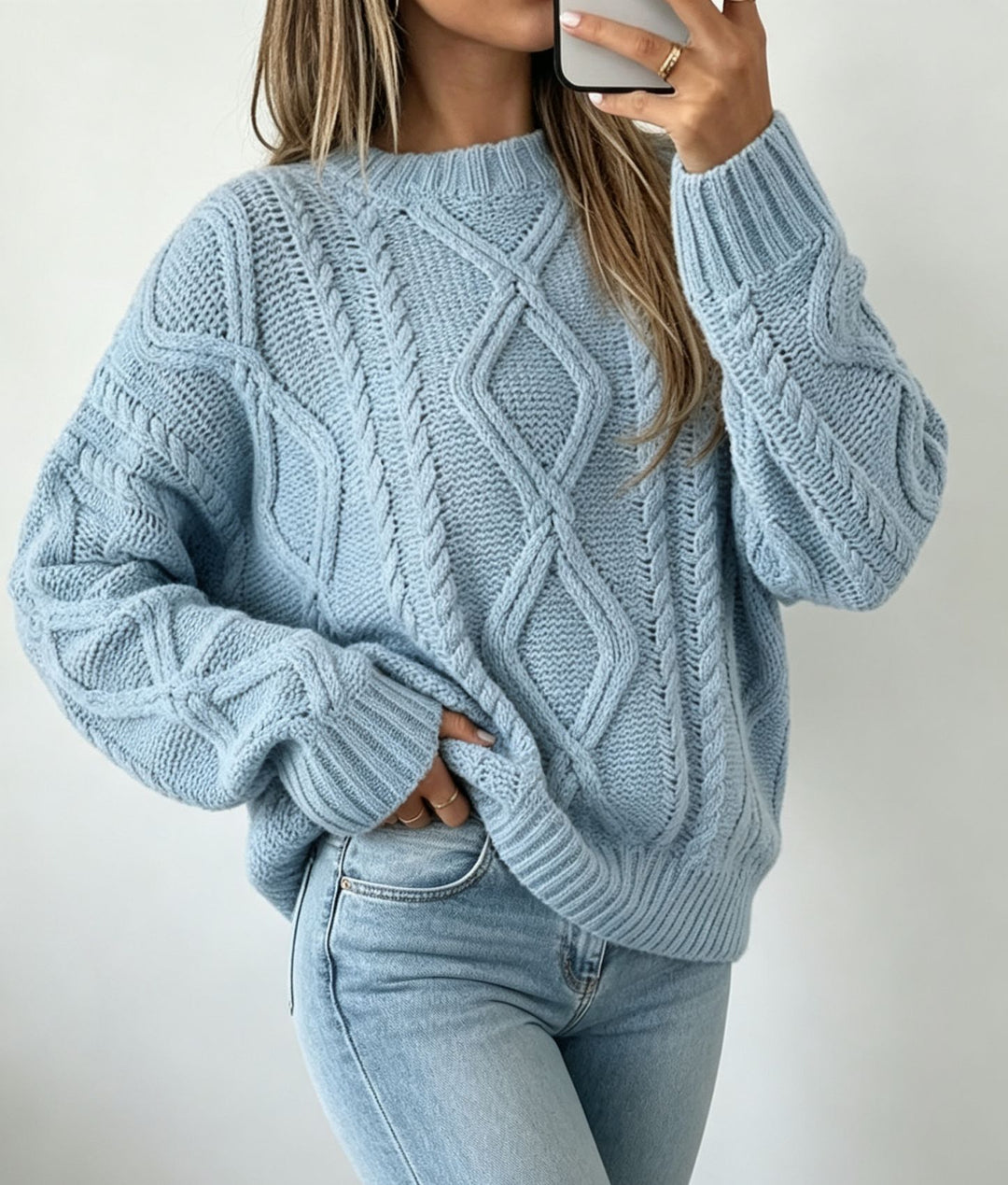 Damen Oversize Flechtstrick-Pullover mit Zopfmuster und Rundhals EB