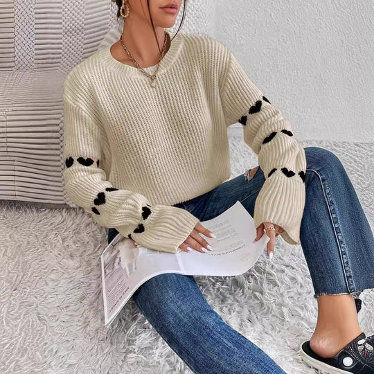 Damen kuscheliger Strickpullover mit modellierenden Ärmeln und Herzmotiv EB