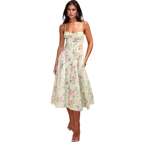 Damen Blumendesign Midi-Kleid mit Spaghettiträgern und fließendem Rock EB