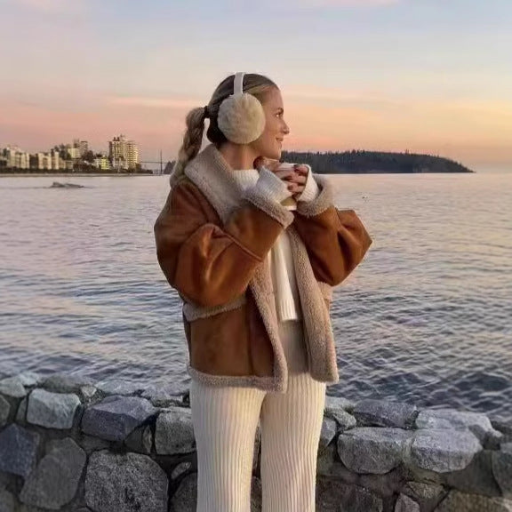 Damen kuschelige Blazerjacke im Teddy-Look mit praktischem Taschen EB