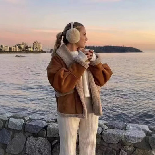 Damen kuschelige Blazerjacke im Teddy-Look mit praktischem Taschen EB