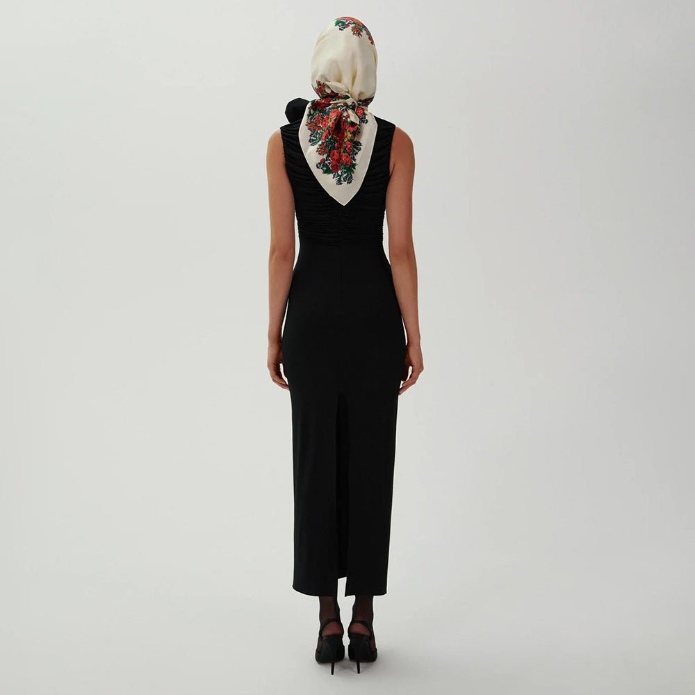 Damen figurbetontes Abendkleid mit asymmetrischem Kragen und floraler Applikation EB