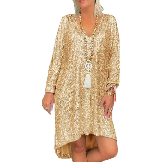 Damen Glitzerndes Oversized Kleid mit V-Ausschnitt und langen Ärmeln EB