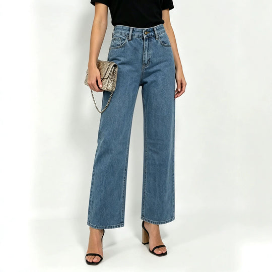 Damen nan hochgeschnittene Straight-Leg-Jeans mit geradem Bein und dezenter Vintage-Waschung EB