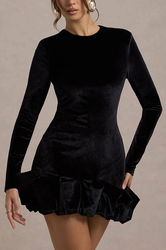 Damen Figurbetontes Cocktail-Minikleid aus Samt mit Volantkante und Langarm EB