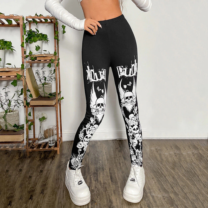 Damen Leggings mit auffälligem Totenkopf- und floralem Design EB