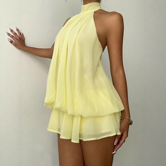 Damen luftiges Wickelkleid mit elegantem Stehkragen und fließendem Saum EB