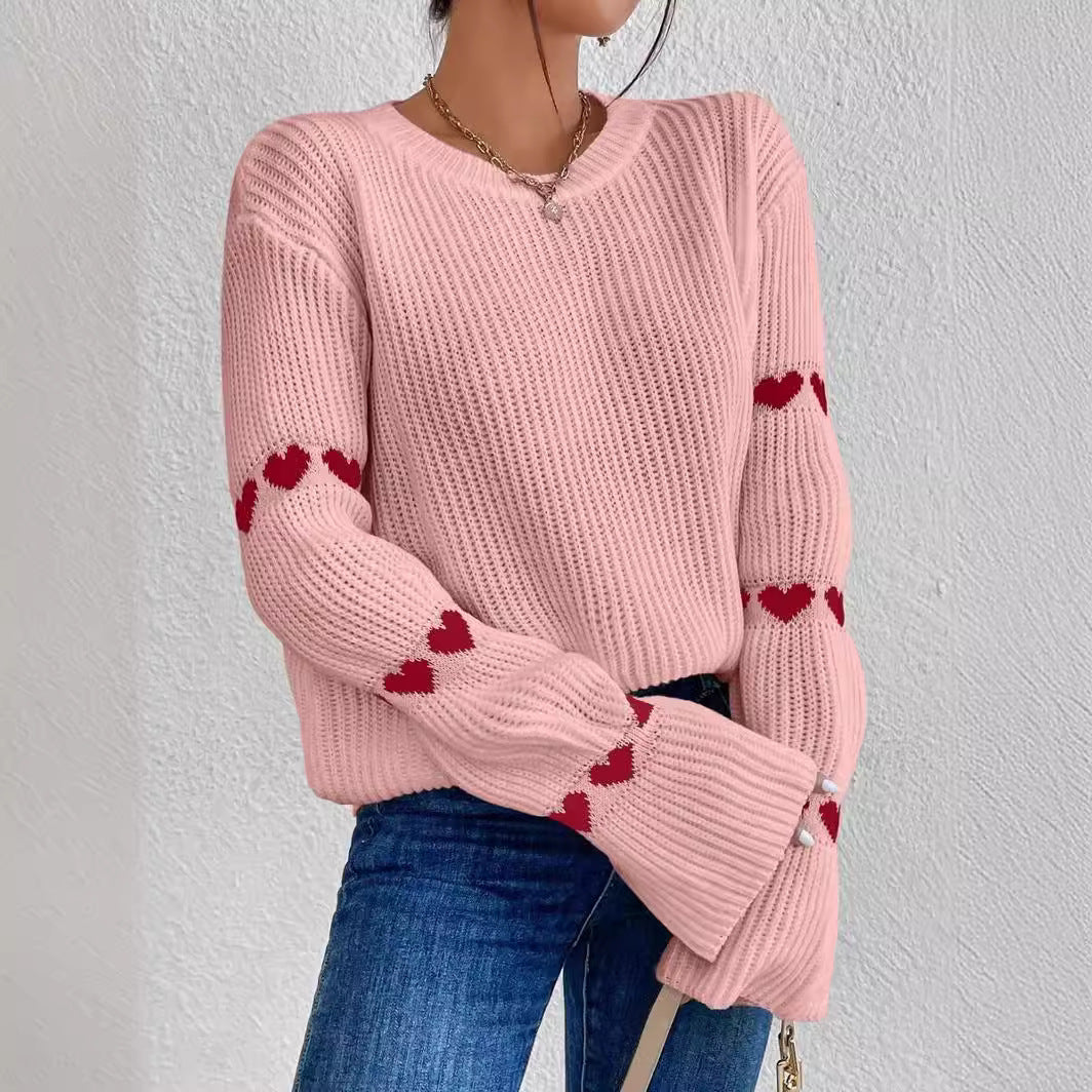Damen kuscheliger Strickpullover mit modellierenden Ärmeln und Herzmotiv EB