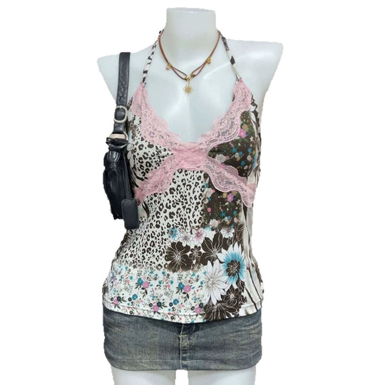 Damen Verspieltes Haltertop mit floralem und Leopardenmuster EB