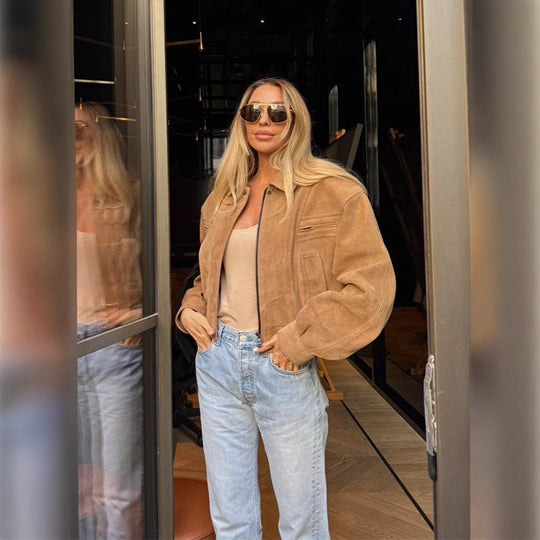 Damen Suede Übergangsjacke im lässigen Stil mit Ballonärmeln EB
