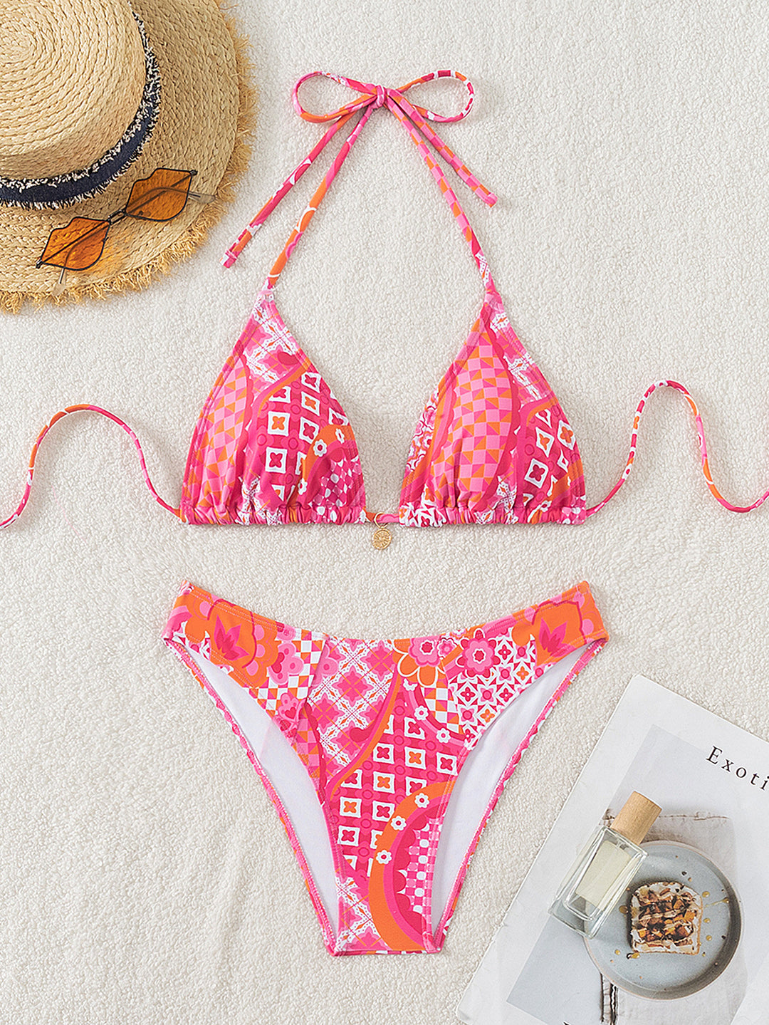 Damen Triangel-Bikini mit einzigartigem Mosaik-Muster und verstellbaren Bindebändern EB