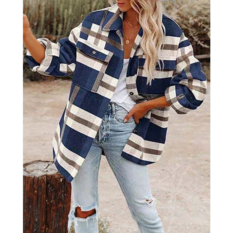 Damen Oversized Hemdjacke mit kariertem Muster und praktischen Taschen EB