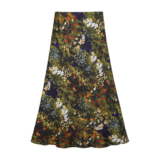 Damen  fließender Midirock mit floralem Print und A-Linie aus satinähnlichem Stoff EB