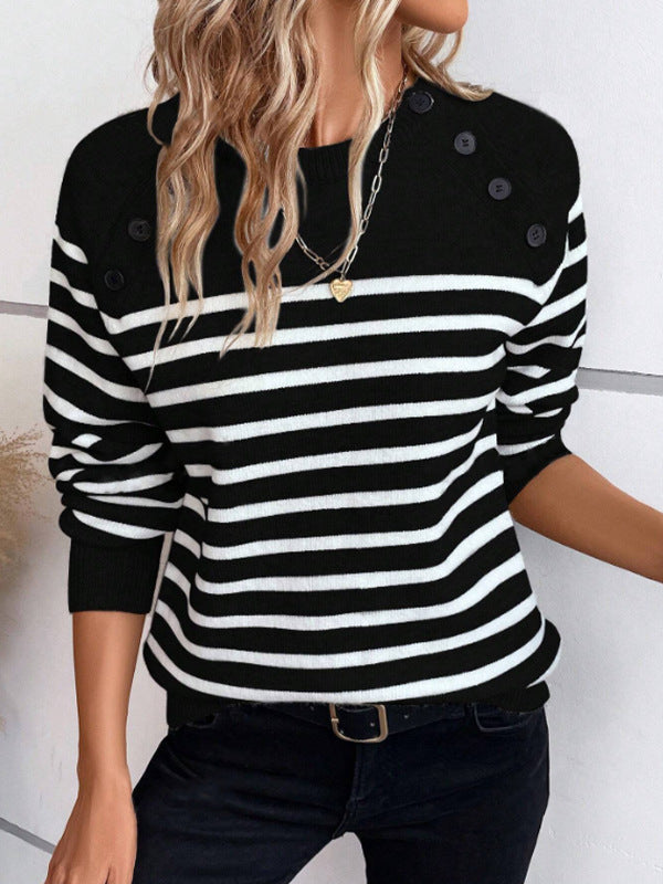 Damen gestreifter Pullover mit dekorativen Knopfdetails und Rundhalsausschnitt EB