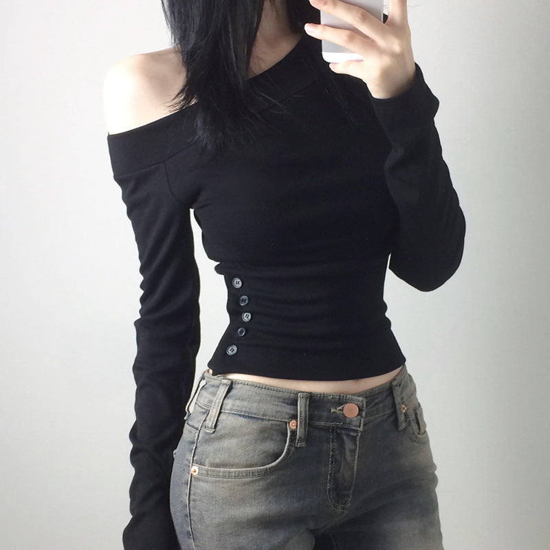 Damen nan schulterfreies Langarmshirt mit taillierter Silhouette und seitlicher Knopfleiste EB