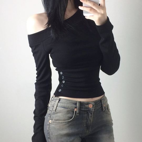 Damen nan schulterfreies Langarmshirt mit taillierter Silhouette und seitlicher Knopfleiste EB