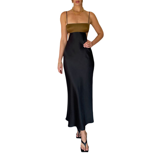 Damen elegantes langes Kleid mit innovativem Cut-Out Design und zarten Spaghettiträgern EB