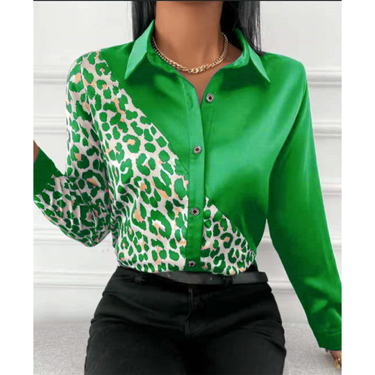 Damen Satinbluse mit asymmetrischem Leo-Design und glamouröser Knopfleiste EB