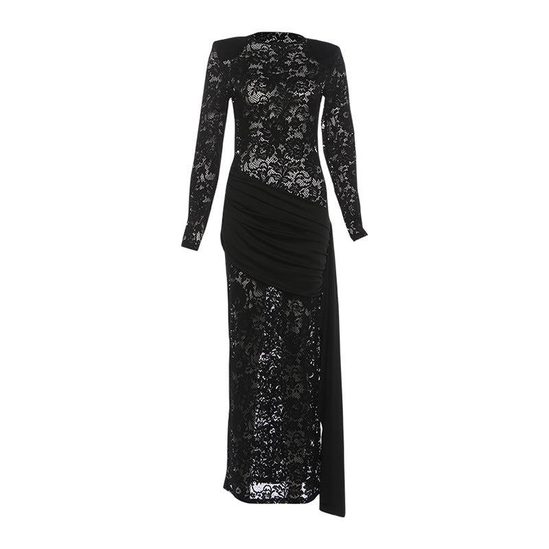 Damen Elegantes Spitzenkleid mit langem Arm und raffinierter Drapierung EB