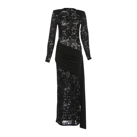 Damen Elegantes Spitzenkleid mit langem Arm und raffinierter Drapierung EB