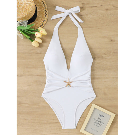 Damen Einteiliger Badeanzug mit elegantem V-Ausschnitt und dekorativem Sternenapplikation EB