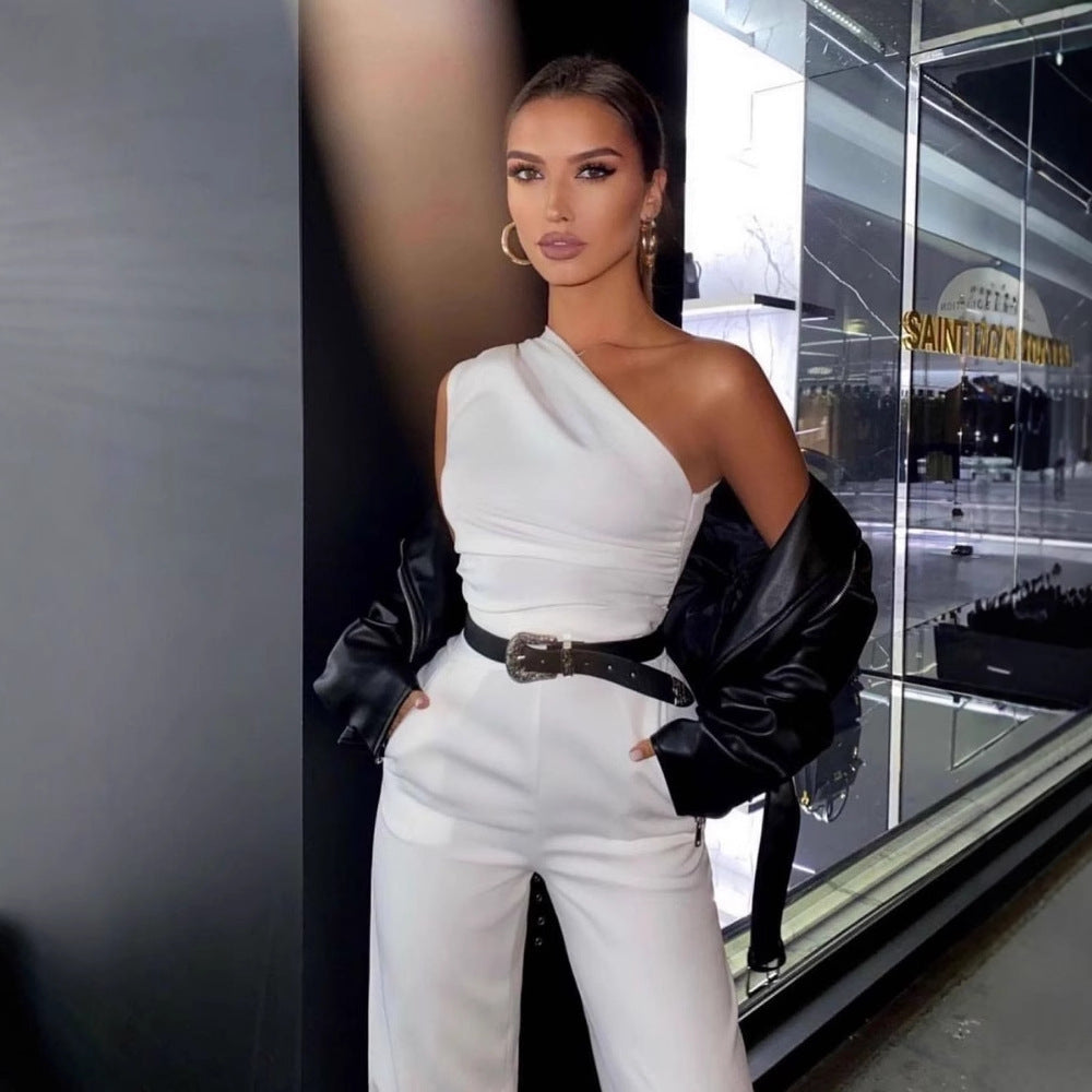 Damen One-Shoulder Jumpsuit mit weitem Bein EB