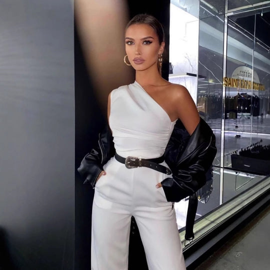 Damen One-Shoulder Jumpsuit mit weitem Bein EB