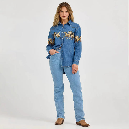 Damen Jeanshemd mit kreativem Pferdemotiv und hochwertiger Baumwollmischung EB
