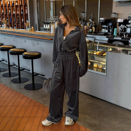 Damen Velours-Overall mit Reißverschluss, elastischem Taillenbund und weitem Palazzo-Bein EB