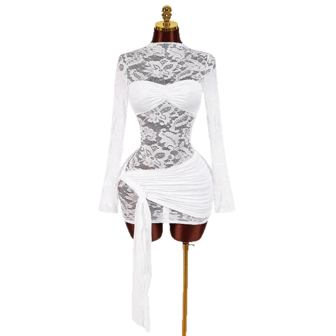 Damen nan transparentes Spitzen-Minikleid mit Bandeau-Einsatz, gerafftem Wickelrock und langen Ärmeln EB