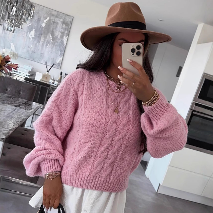 Damen Grobstrickpullover mit voluminösen Ärmeln und romantischem Zopfdesign EB
