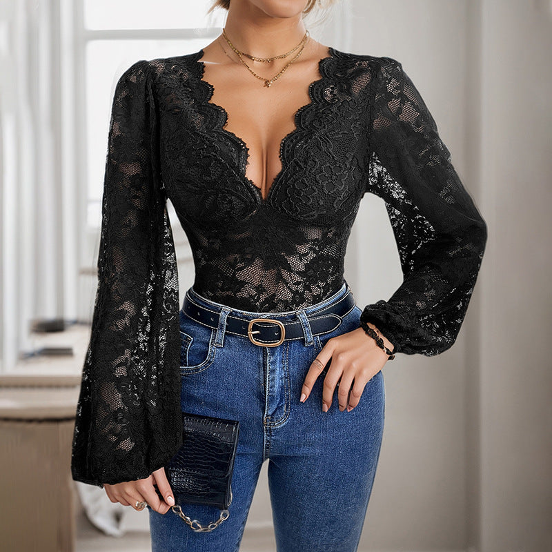 Damen Elegant-taillierter Spitzen-Body im Corsagenstil mit tiefem Herz-Ausschnitt EB