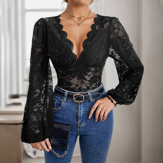 Damen Elegant-taillierter Spitzen-Body im Corsagenstil mit tiefem Herz-Ausschnitt EB