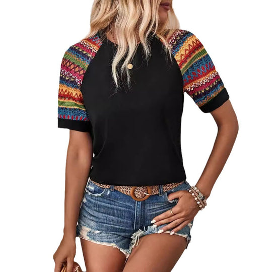 Damen T-Shirt mit bunten Ethno-Ärmeln und lässigem Schnitt EB