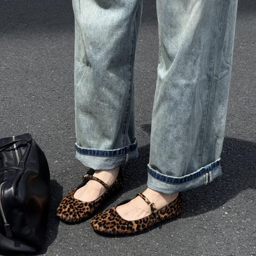 Damen elegante Ballerinas mit verstellbarem Riemen und auffälligem Leopardenmuster EB