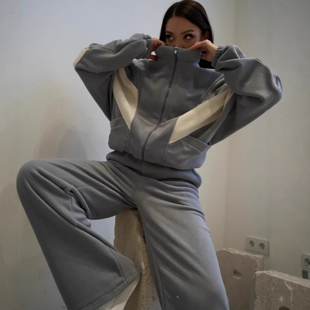 Damen Oversized Fleece-Lounge-Set mit Stehkragen, Reißverschlussjacke und weiter Palazzohose EB