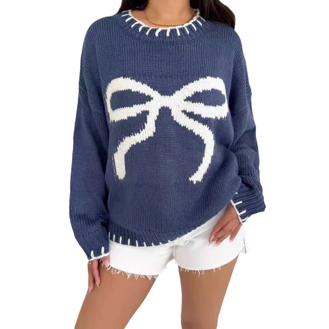 Damen Strickpullover mit verspieltem Schleifenmotiv und lässigem Schnitt EB