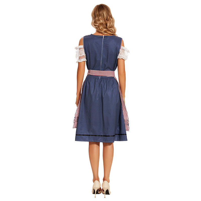 Damen nan traditionelles Trachtenkleid mit Schnürmieder, Spitzenärmeln und karierter Schürze EB