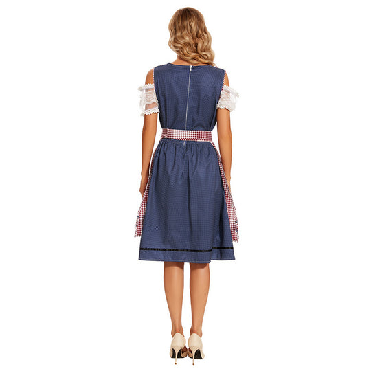 Damen nan traditionelles Trachtenkleid mit Schnürmieder, Spitzenärmeln und karierter Schürze EB