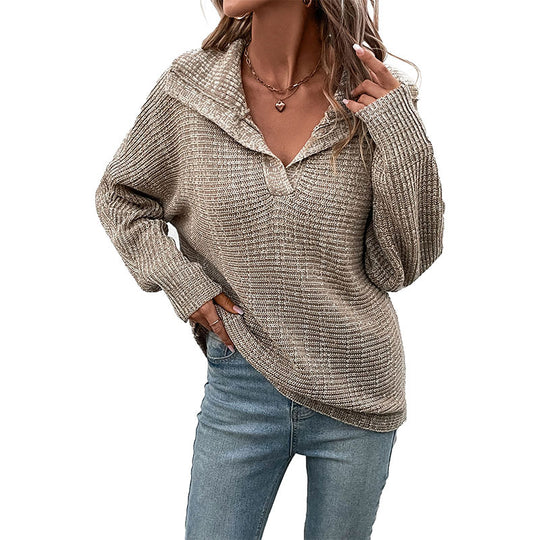 Damen stylischer Strickpullover mit tiefem V-Ausschnitt und überschnittenen Ärmeln EB
