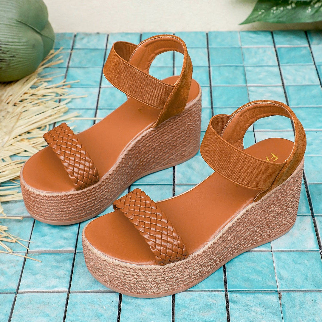 Damen Wedge-Sandalen mit geflochtenem Riemen und elastischem Knöchelriemen EB