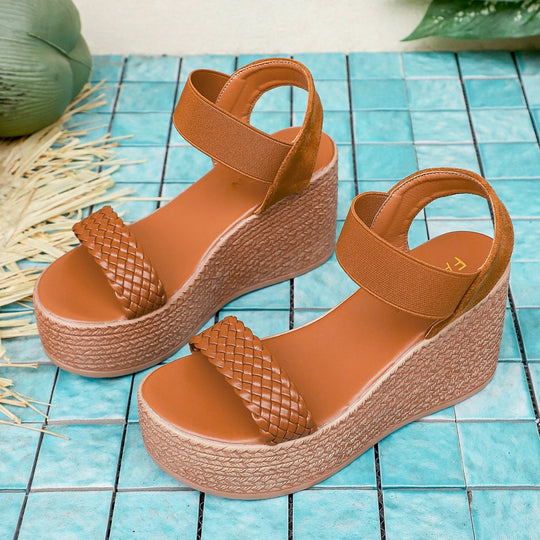 Damen Wedge-Sandalen mit geflochtenem Riemen und elastischem Knöchelriemen EB